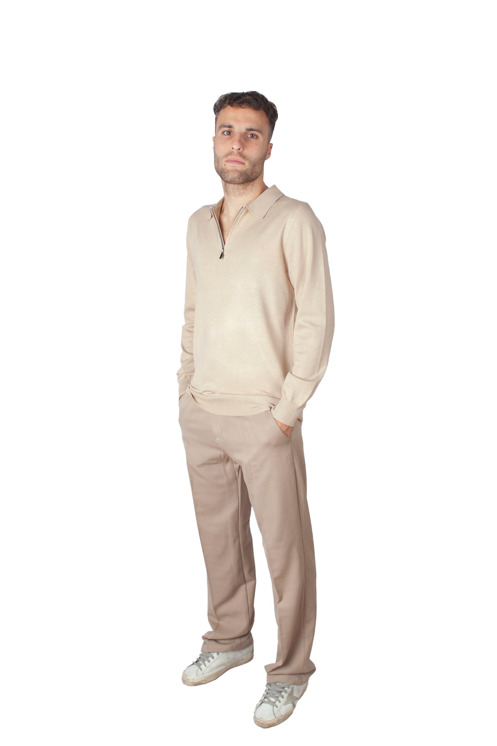 Long Sleeve Zip Polo Beige