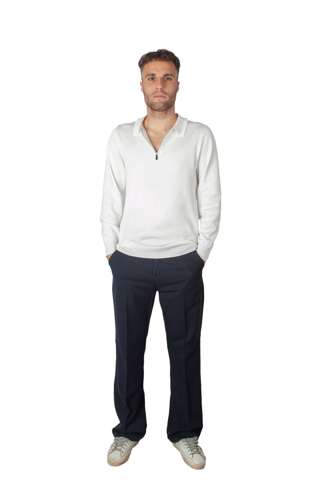 Long Sleeve Zip Polo White