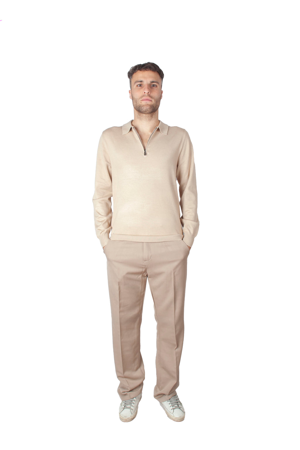 Long Sleeve Zip Polo Beige